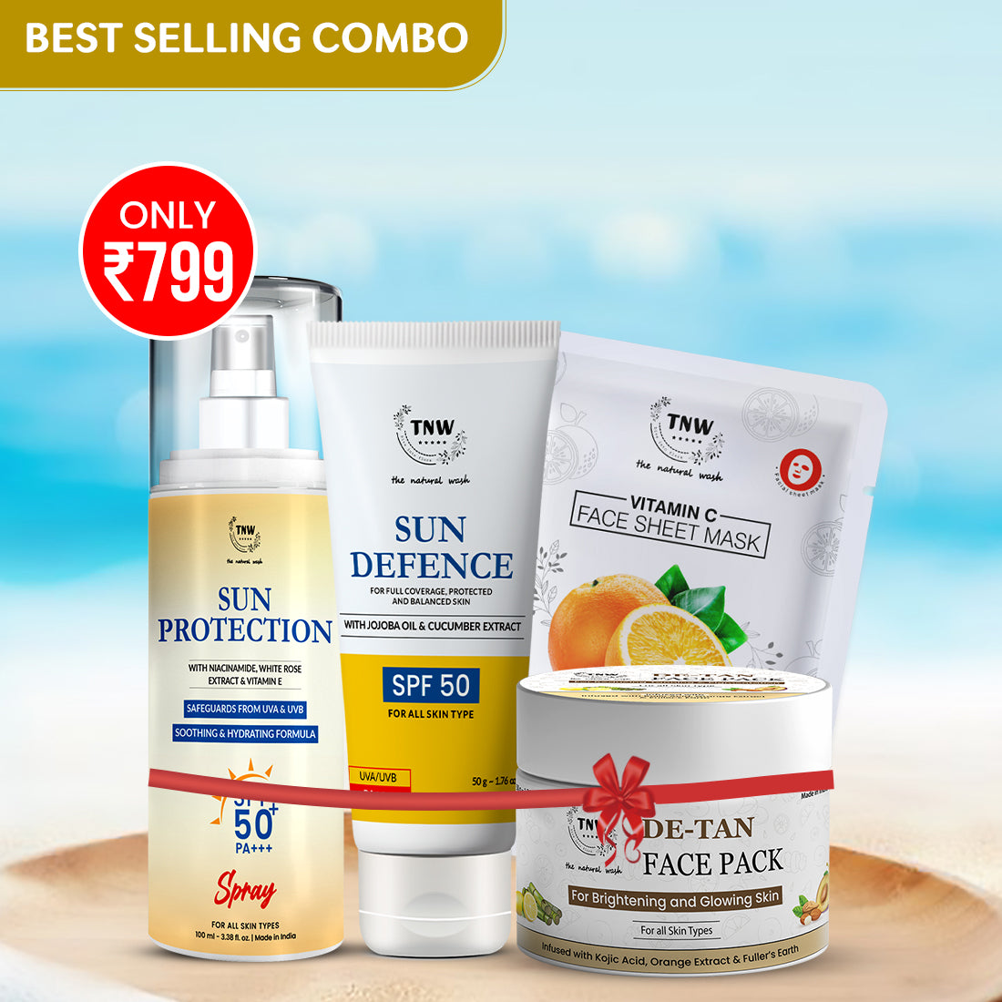 GOODBYE TAN - SUN DEFENCE SPF 50 CREAM + DE-TAN FACE PACK + SPF 50 SPRAY + VITAMIN C FACE SHEET MASK (Summer Combo)