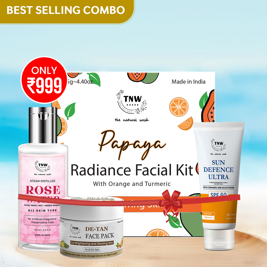 COMPLETE FACIAL CARE SET - PAPAYA FACIAL KIT (5 USES) + DE-TAN FACE PACK + SUN DEFENCE SPF 60 CREAM + PURE ROSE WATER (Summer Combo)
