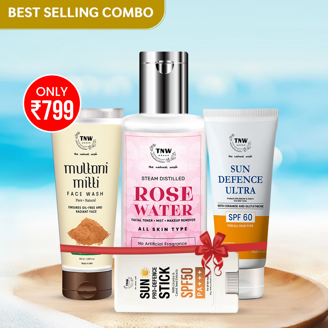 ULTIMATE SKINCARE BUNDLE - MULTANI MITTI FACE WASH + SUN DEFENCE SPF 60 CREAM + PURE ROSE WATER + SUN PRO DEFENCE STICK (Summer Combo)