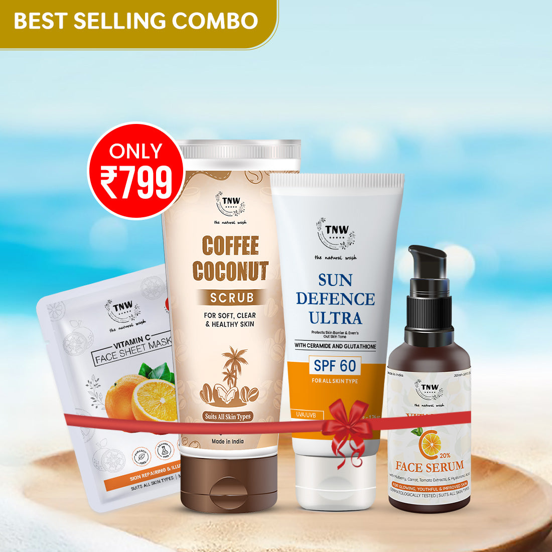 RADIANT SKIN DUO - COFFEE COCONUT SCRUB + SUN DEFENCE SPF 60 CREAM + VITAMIN C FACE SERUM + VITAMIN C FACE SHEET MASK (Summer Combo)