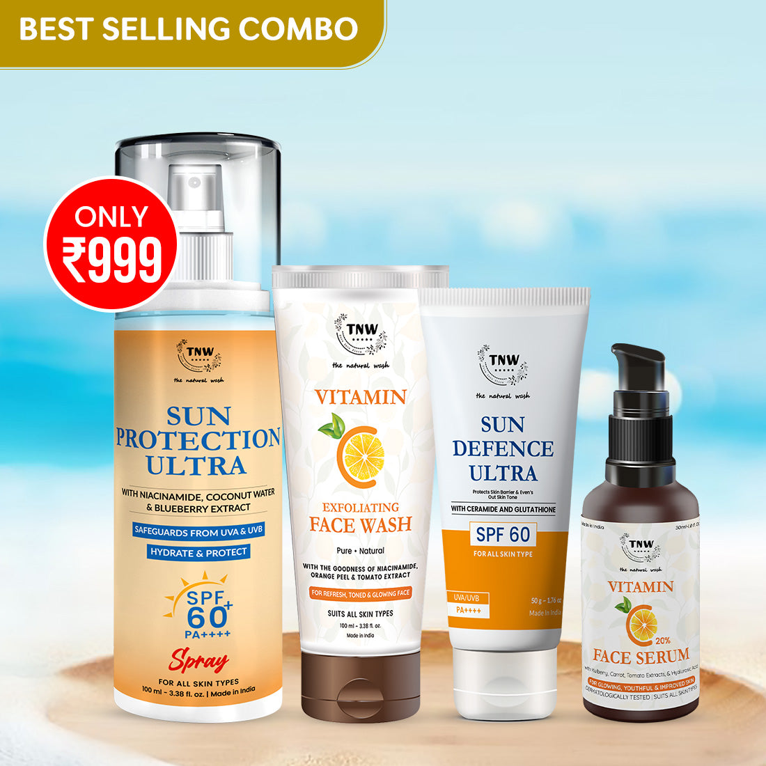 VITAMIN C GLOW KIT - EXFOLIATING FACE WASH + VITAMIN C FACE SERUM + SUN DEFENCE SPF 60 CREAM + ULTRA SPF 60 SPRAY (Summer Combo)