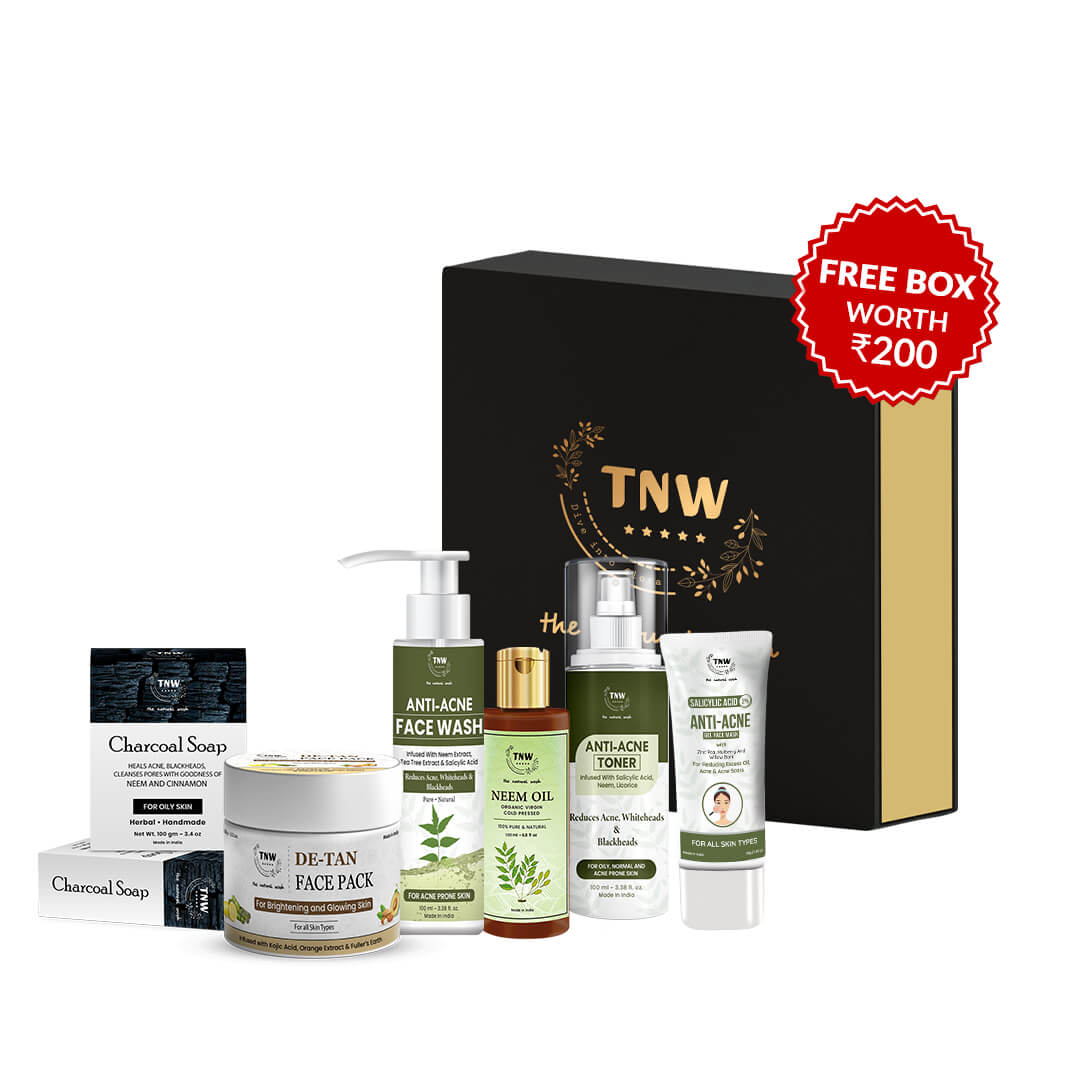 Anti–Acne Hamper (Charcoal Soap, Neem Oil, Anti Acne Toner, 2% Salicylic Acid Gel Face mask, Anti acne face wash, DE-TAN FAce PacK 50gm + Get a FREE Gift Box)
