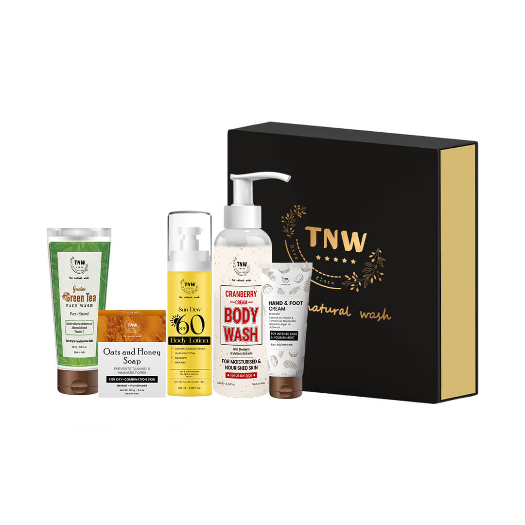 Dry Skin Essential Hamper (Green Tea face wash, Oats & Honey soap, SPF 60 Body Lotion, Cranberry Cream Body wash, Hand & foot cream + Get a FREE Box)