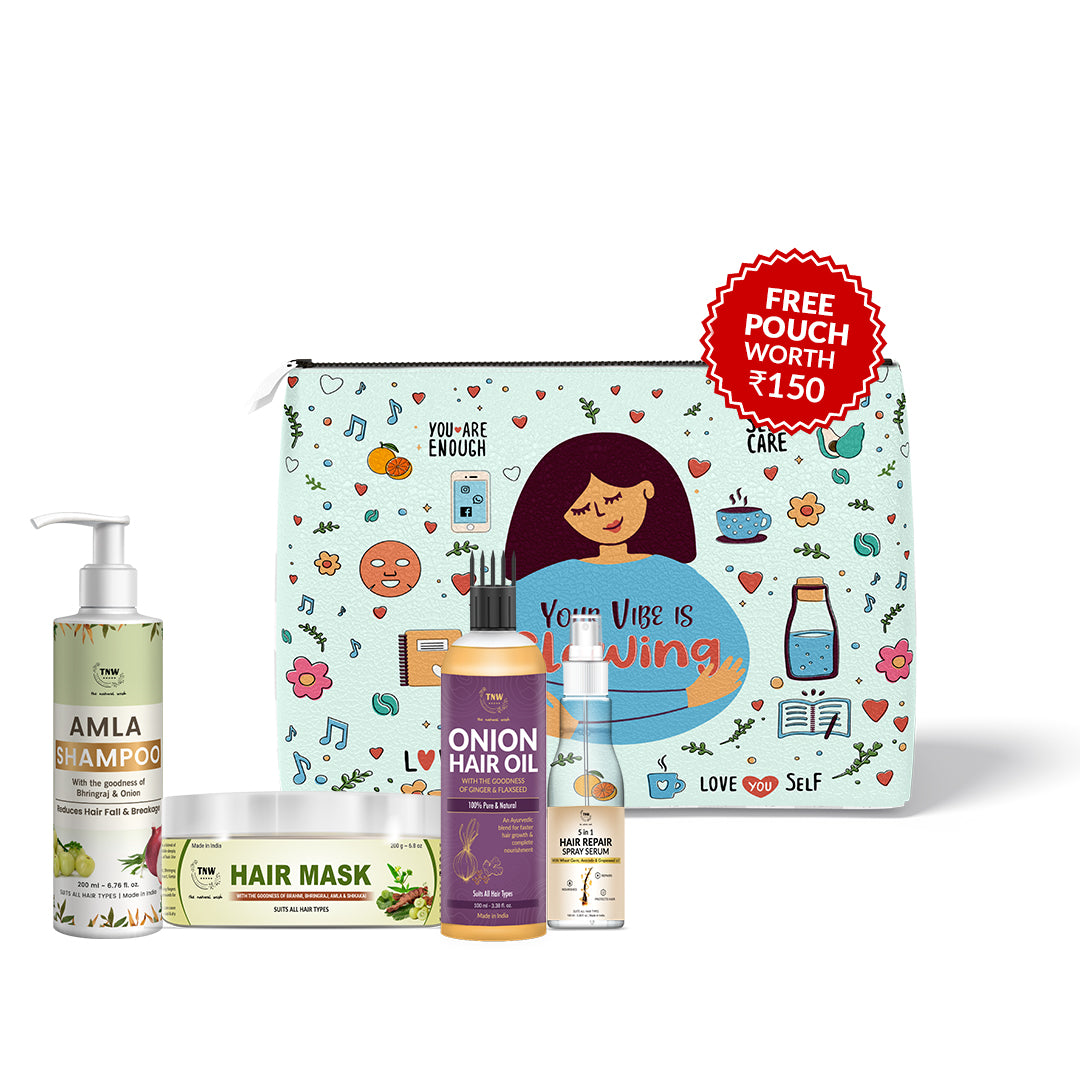 Hair Regrowth Kit (Amla shampoo, 5in1 Hair Serum, Onion Hair oIl, Hair Mask + Get a FREE Pouch)