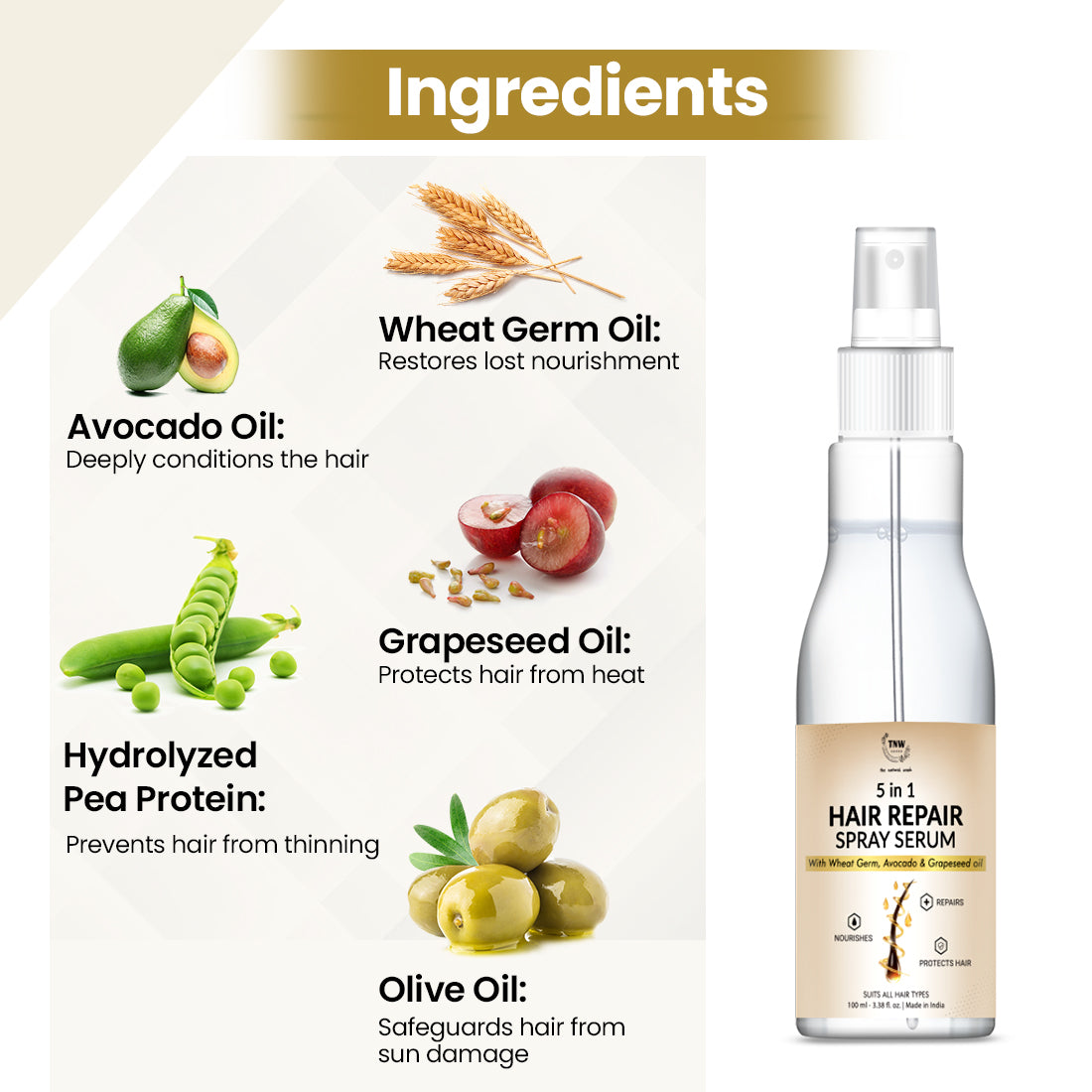Ingredients of 5-in-1 Hair Repair Spray Serum for Frizz-Free & Manageable Hair
