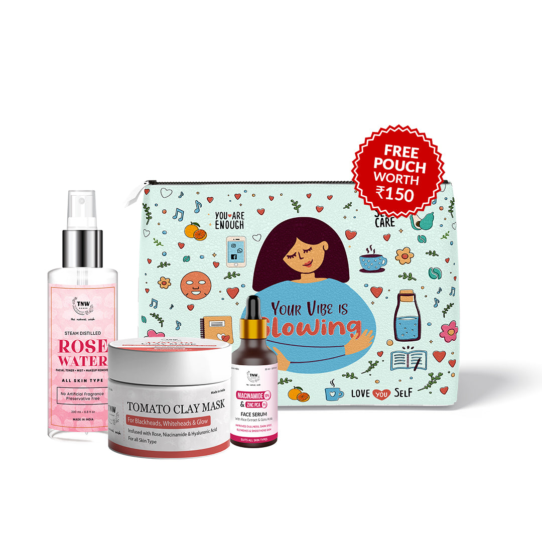 Pore-Minimizing Kit (10% Niacinamide + 1% Zinc PCA serum (30ml), Rose water, Tomato clay mask + Get a FREE Pouch)