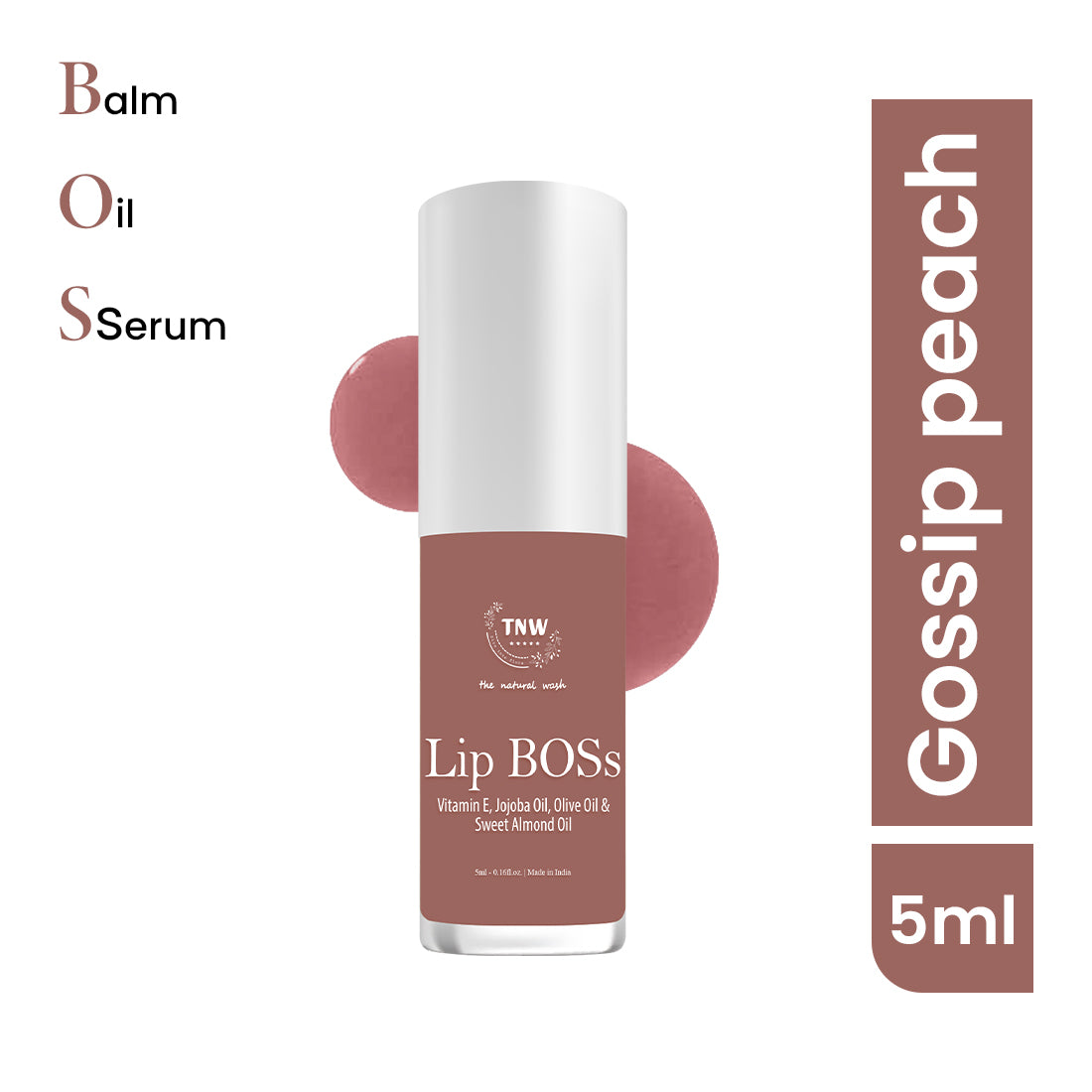 Lip serum bottle labeled 'Lip BOSS' with 'Gossip Peach' color swatch on a white background