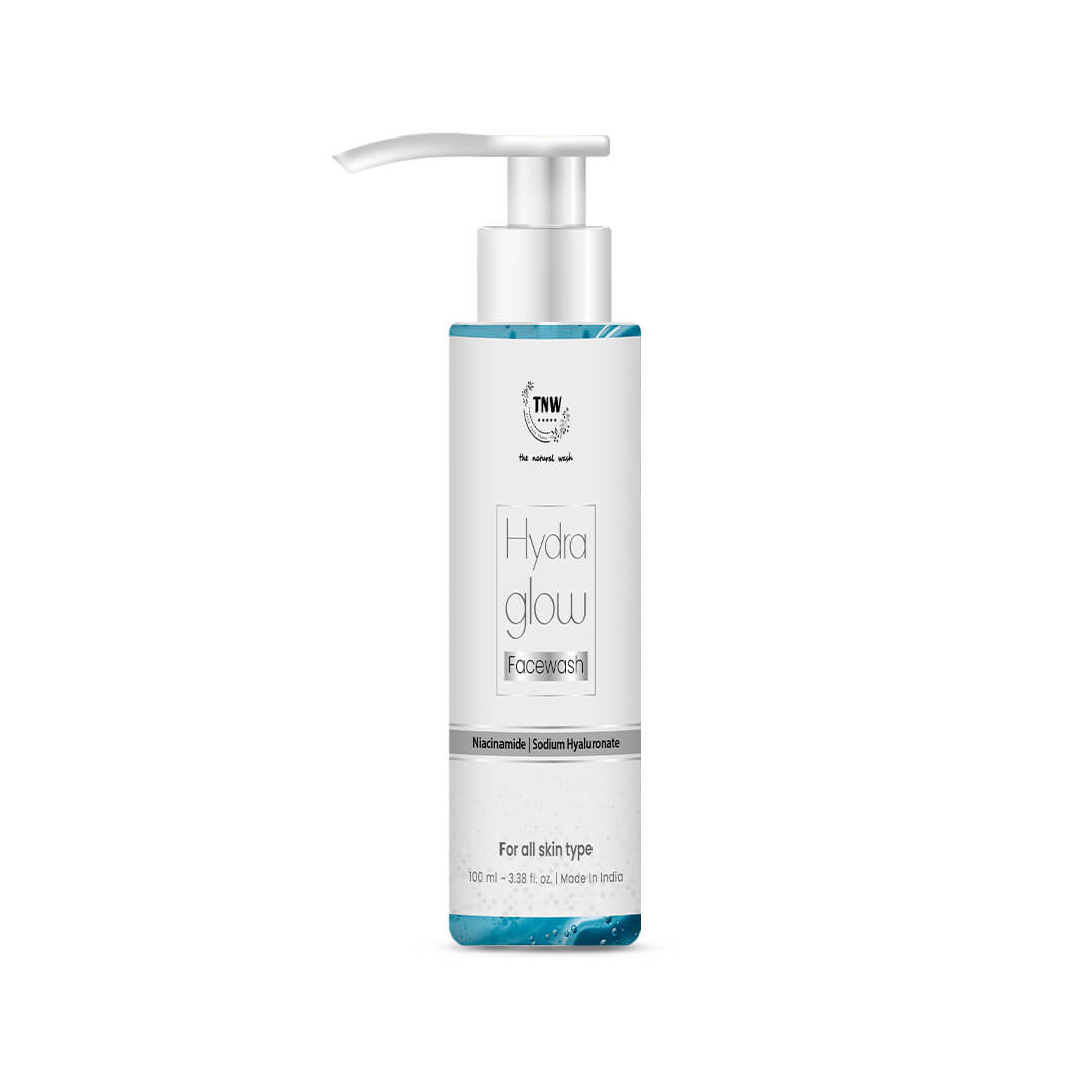 Skincare bottle labeled 'Hydra glow' on a white background