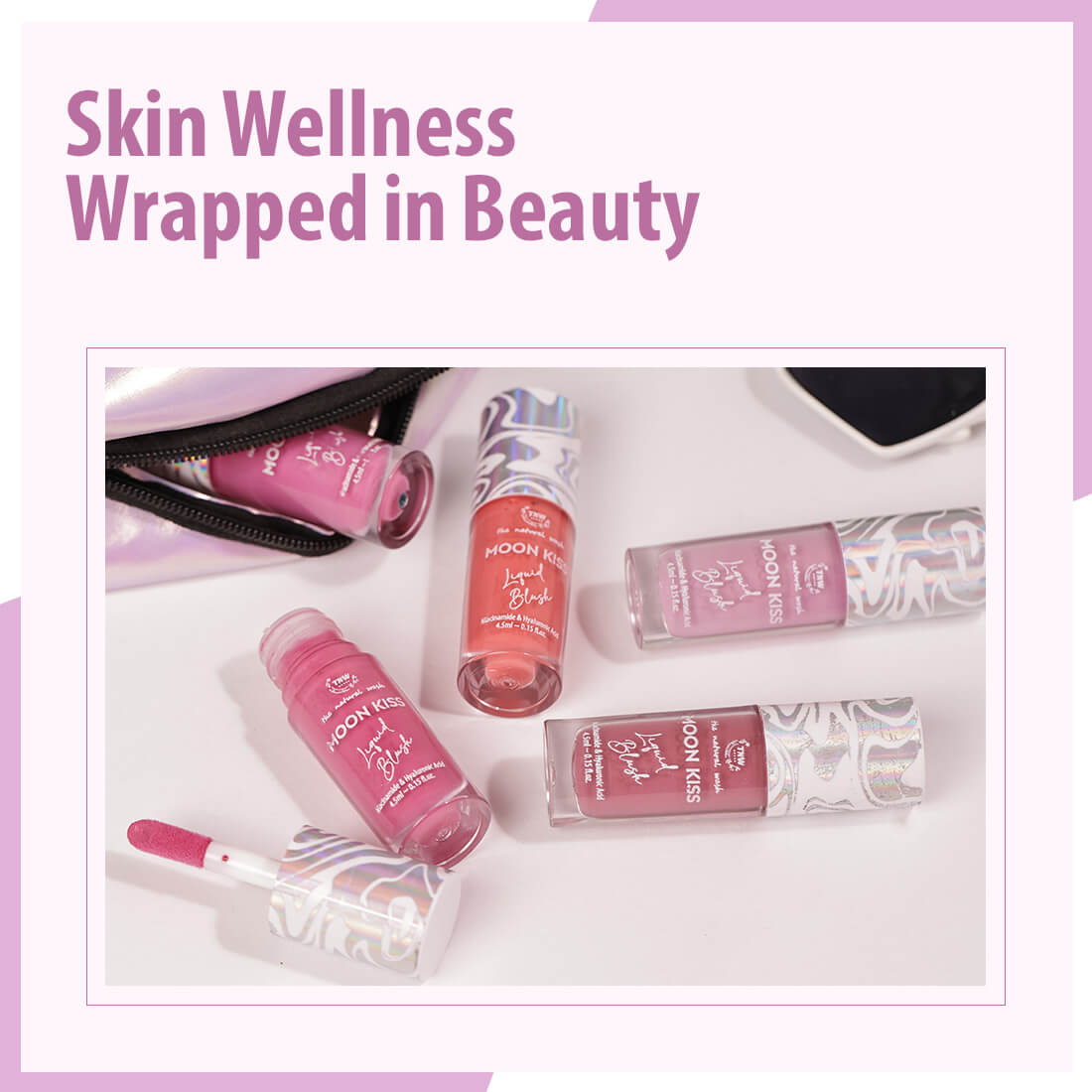 Pink skincare products with 'Moon Kiss' branding on a white background