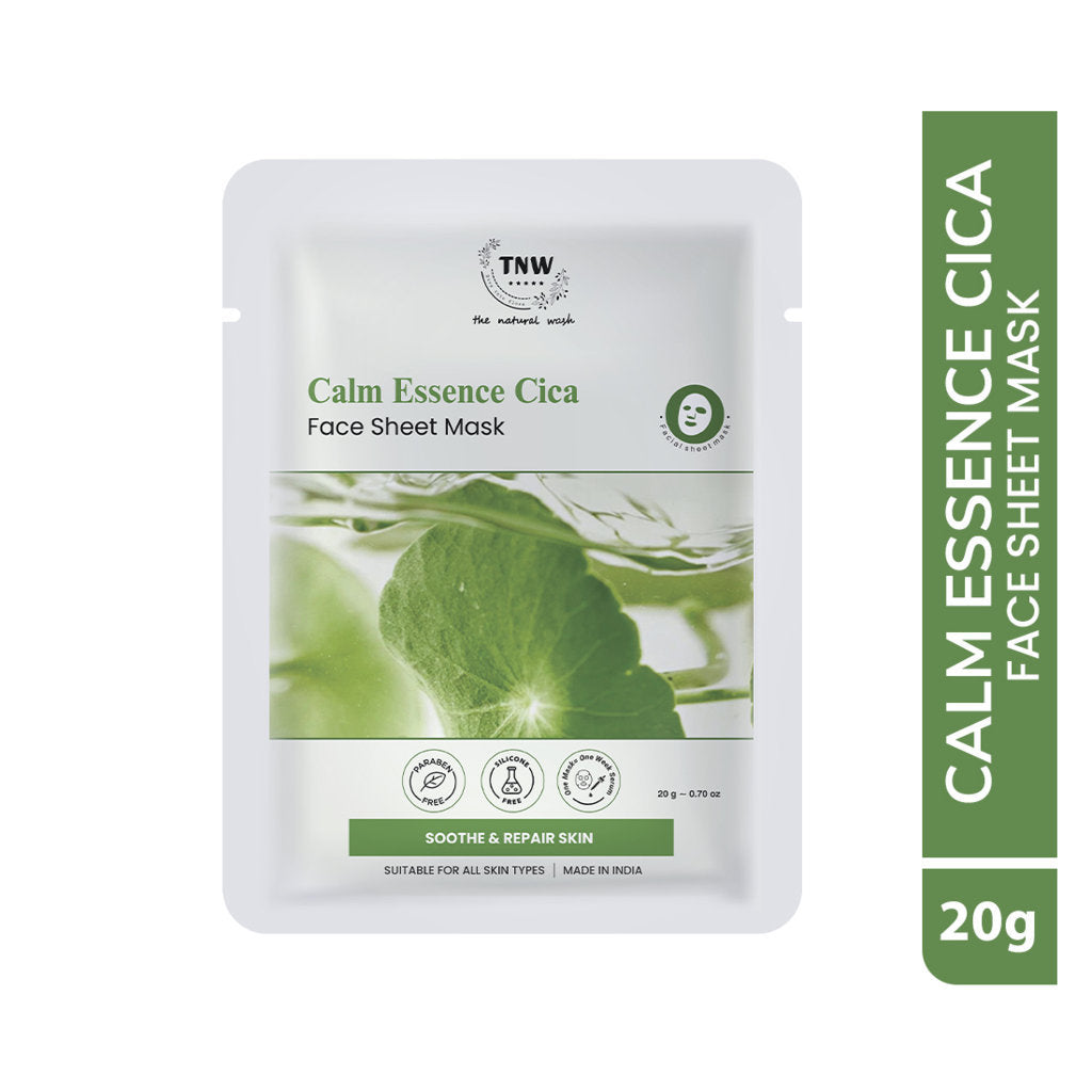 Calm Essence Cica face sheet mask packaging with green leaf design on a white background