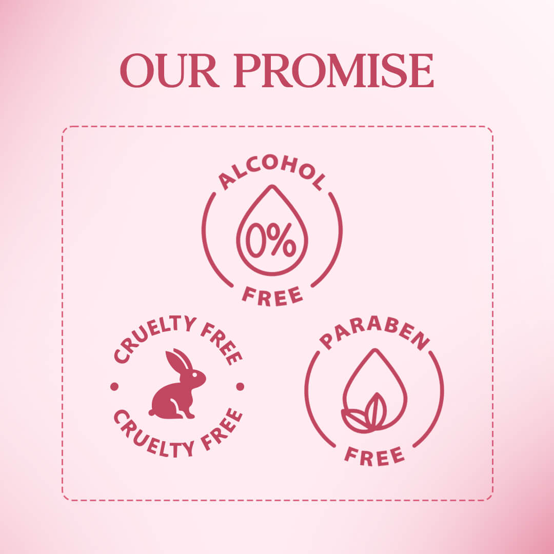 Product label with 'Our Promise' on a pink background, featuring alcohol-free, cruelty-free, and paraben-free icons.