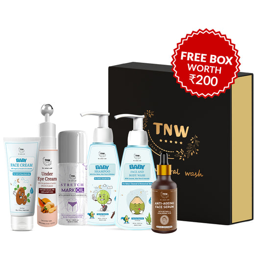Mother & Baby Care Hamper (Baby face cream, Under eye cream, Stretch mark oil, baby shampoo, baby face and body wash, Anti-ageing face serum + Get a Free gift box)
