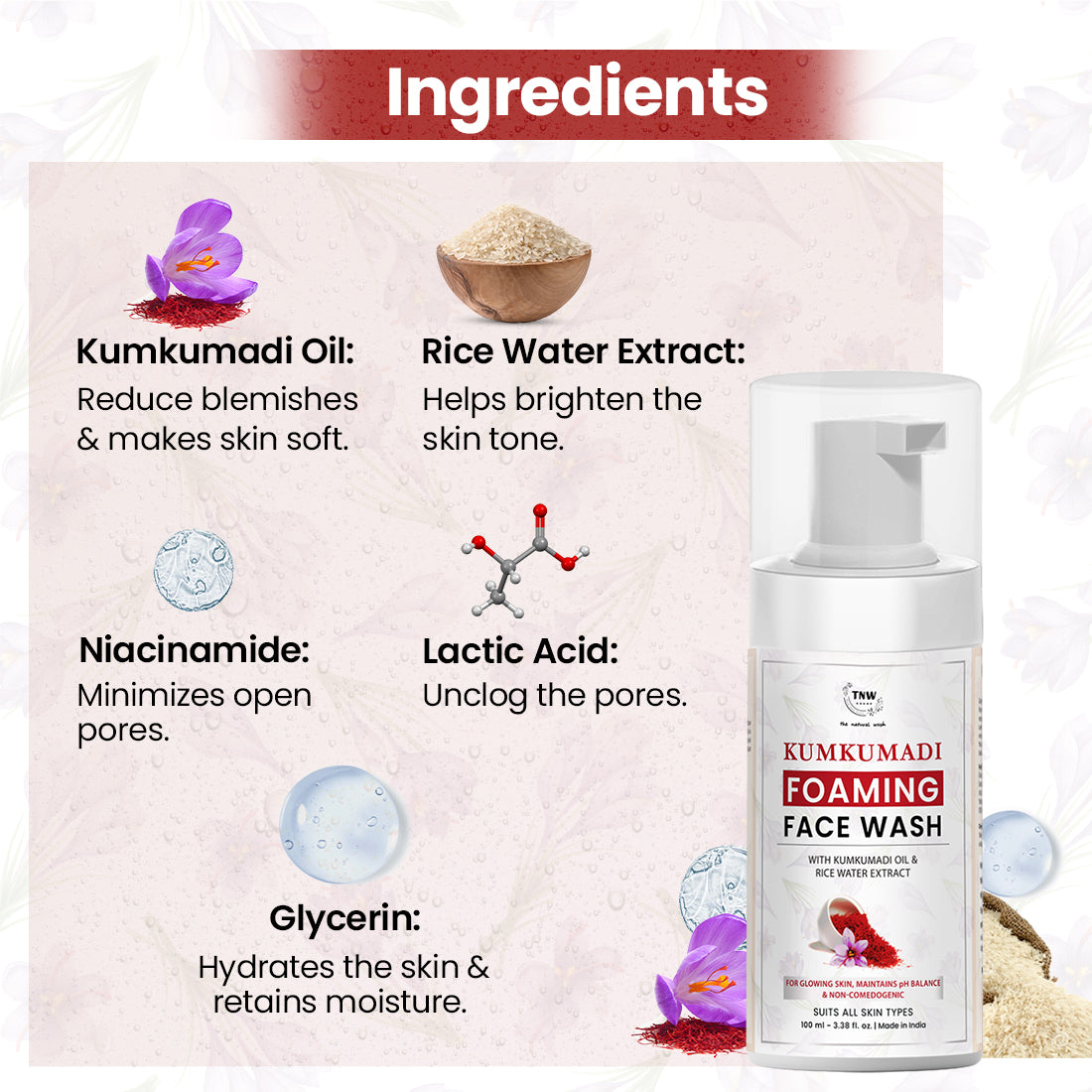 ingredients of Kumkumadi Foaming Face Wash for Glowing Skin