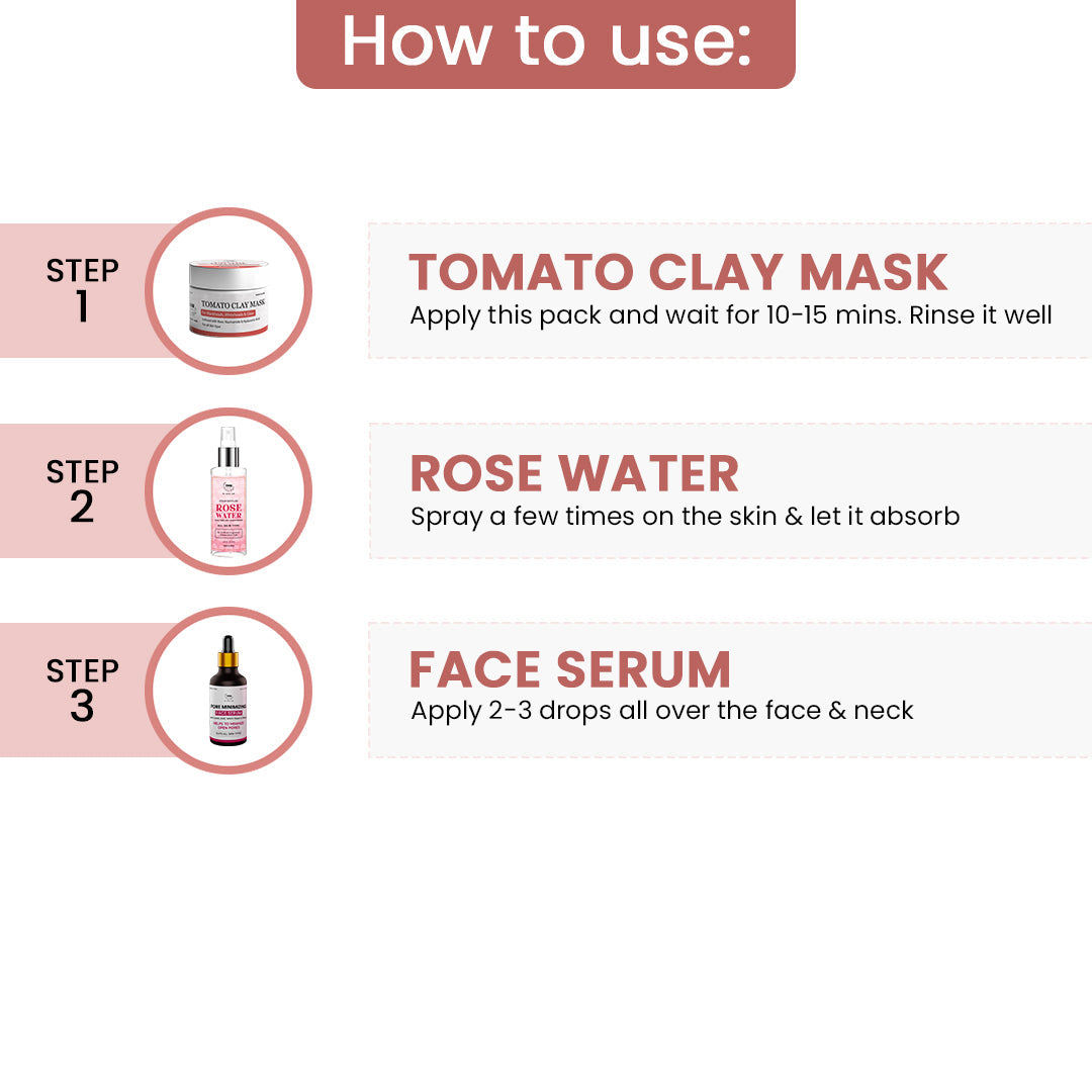 Pore-Minimizing Kit (Pore-Minimizing serum, Rose water, Tomato clay mask + Free Pouch)