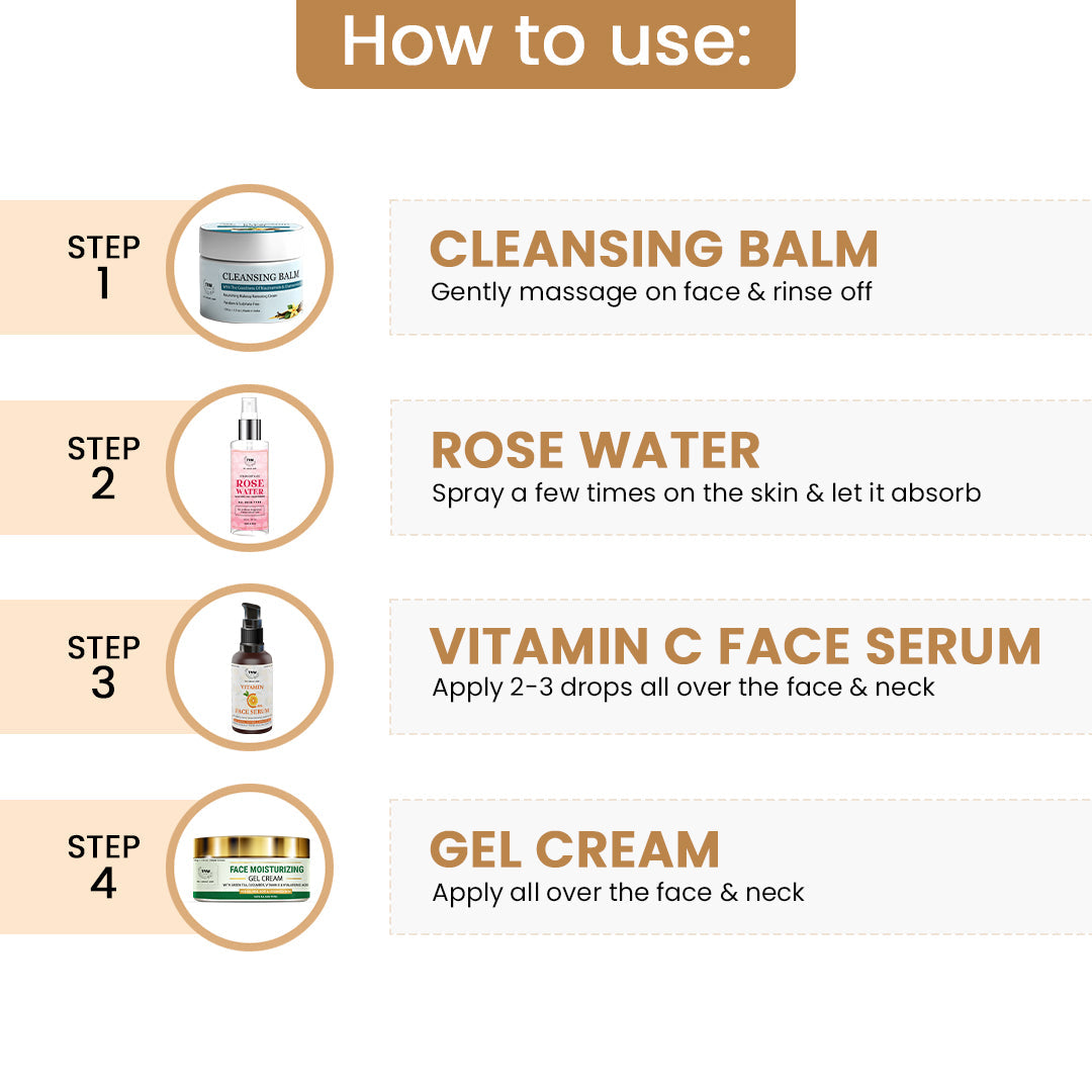 Make Up Removal Kit (Vitamin C Face Serum, Rose water, Face Moisturizing gel cream, Cleansing balm +FREE Pouch)