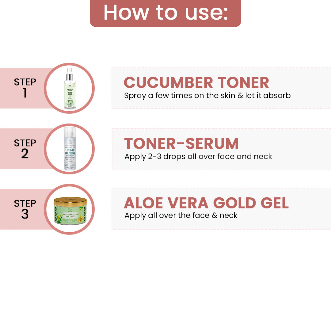 Kit - Hydration Boosting Skin Care Kit (Pure aloe Vera gold gel, Cucumber toner, Hydro boosting toner serum + FREE Pouch)