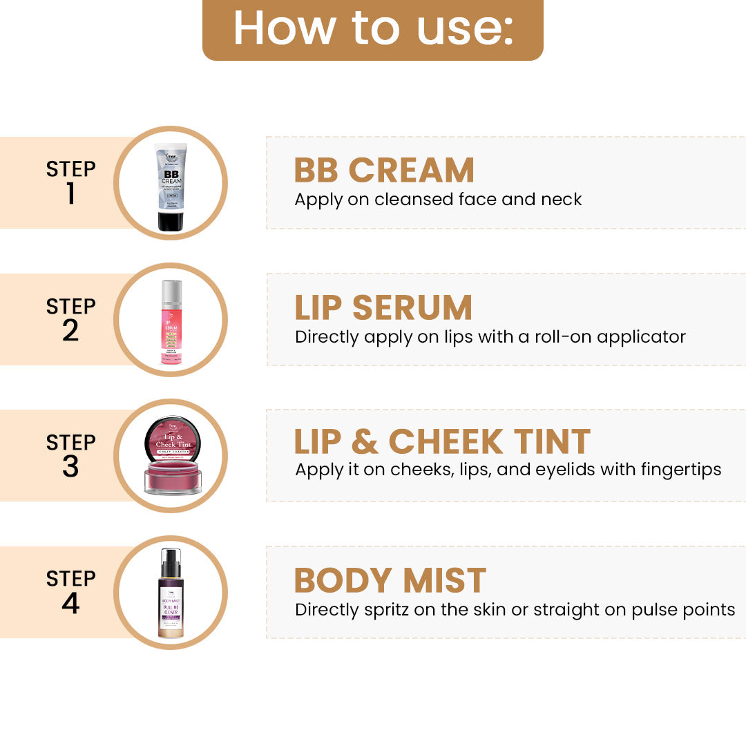 Kit For Natural Make Up Look (Body mist, Lip & cheek tint, Lip serum, BB Cream + FREE Pouch)