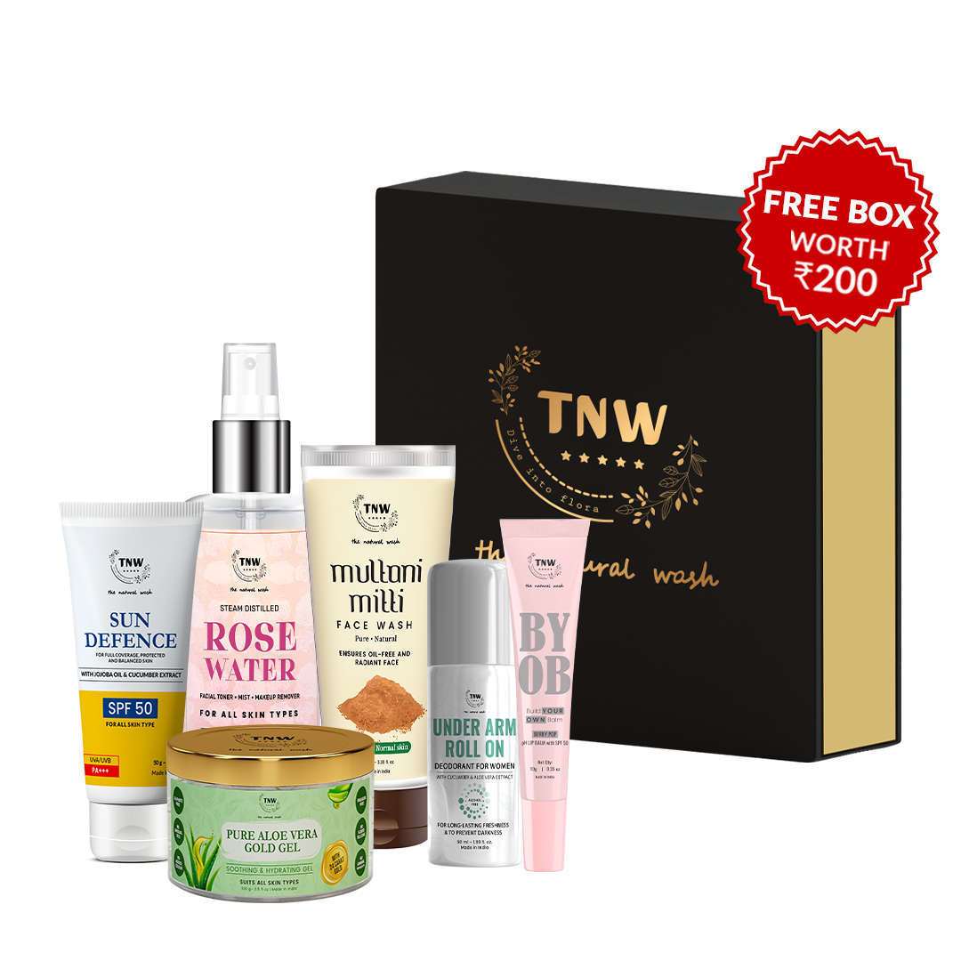 Summer Combo (Spf 50 Cream, Any Toner (Rose Water 200 ml/Cucumber), Any 1 (Pure aloe vera gold gel/Face Moisturizing Gel Cream), Multani mitti face wash, under arm roll on (Women), pH lip balm + Get a FREE box)