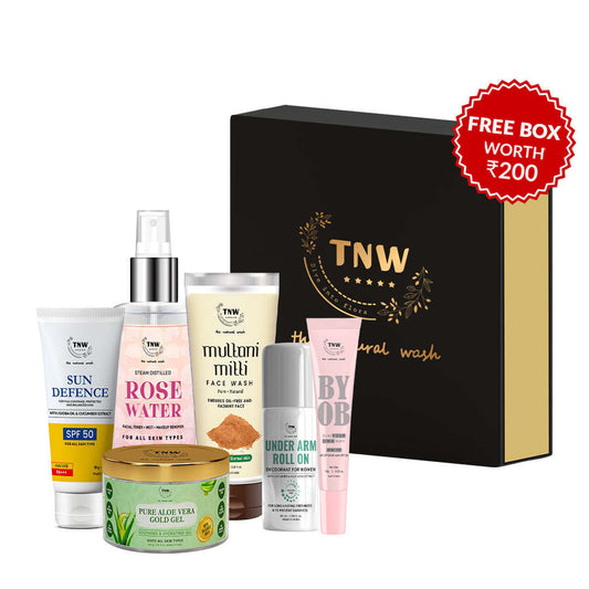 Summer Combo (Spf 50 Cream, Rose Water 200 ml, Pure aloe vera gold gel, Multani mitti face wash, under arm roll on (Women), pH lip balm + Get a FREE box)