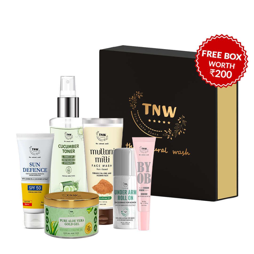 Summer Combo (Spf 50 Cream, Any Toner (Rose Water 200 ml/Cucumber), Any 1 (Pure aloe vera gold gel/Face Moisturizing Gel Cream), Multani mitti face wash, under arm roll on (Women), pH lip balm + Get a FREE box)