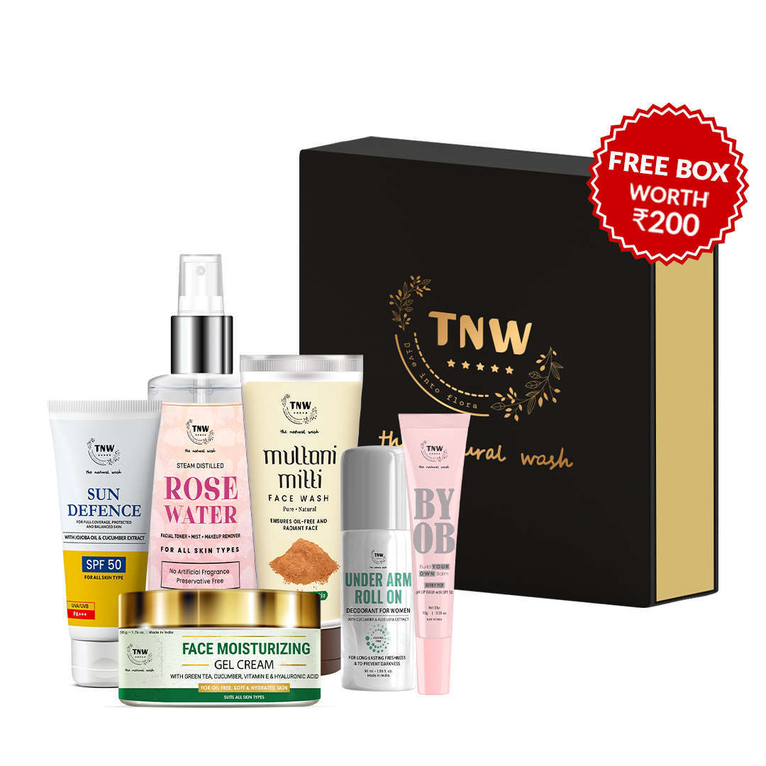 Summer Combo (Spf 50 Cream, Any Toner (Rose Water 200 ml/Cucumber), Any 1 (Pure aloe vera gold gel/Face Moisturizing Gel Cream), Multani mitti face wash, under arm roll on (Women), pH lip balm + Get a FREE box)