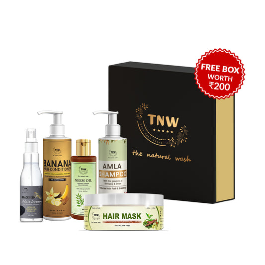 Anti-Dandruff Hair Hamper( Banana Hair Conditioner, Black Seed hair serum, Neem Oil, Amla Shampoo, Hair mask + Get a FREE Gift Box)