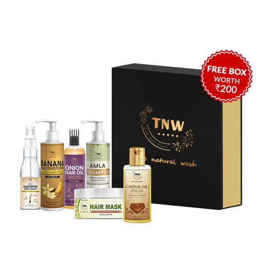 Anti-Hair fall Hamper (Banana Hair Conditioner, 5 in 1 Hair Serum, Onion Hair Oil, Amla shampoo, Hair mask, Castor Oil + Get a FREE Gift Box)
