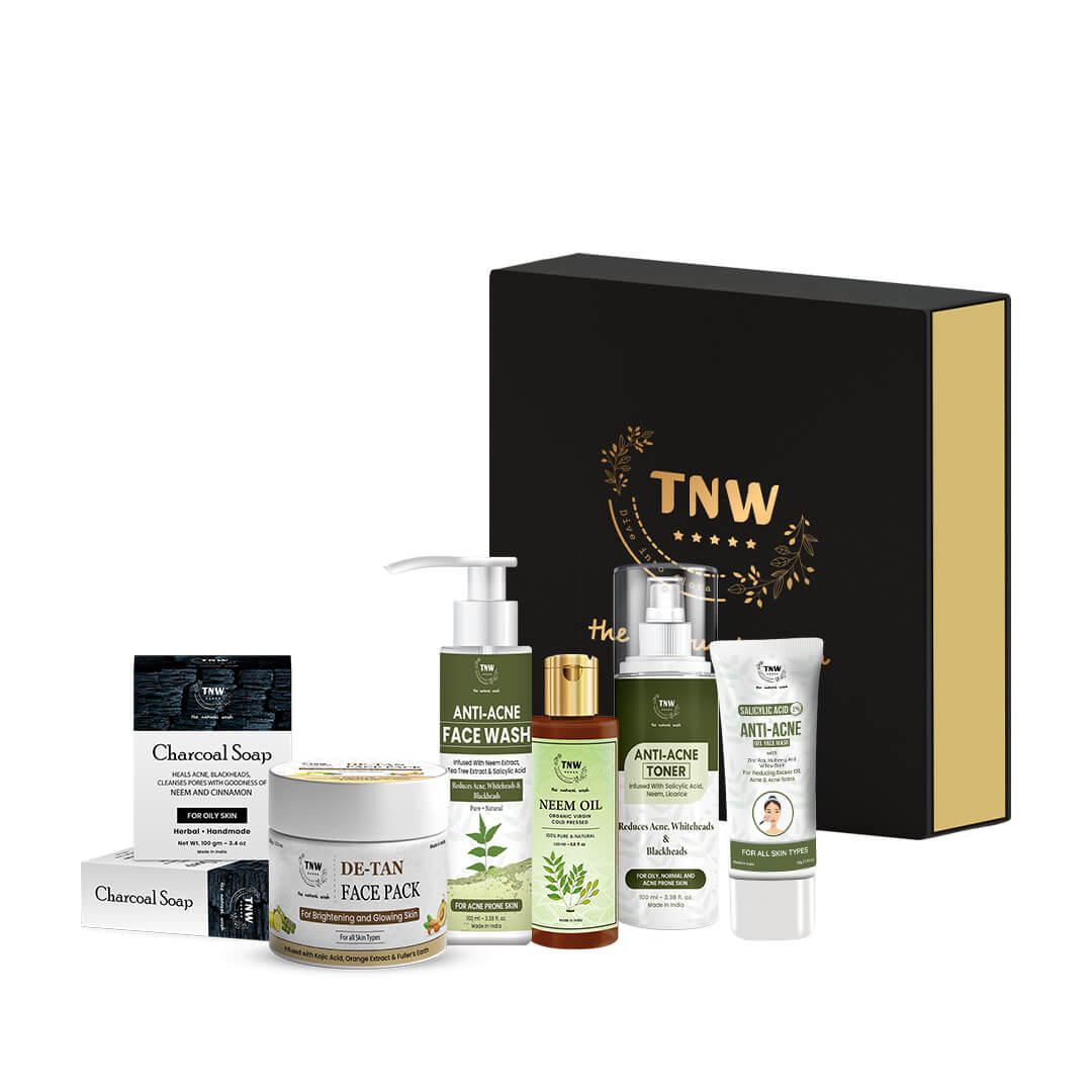 Anti–Acne Hamper (Charcoal Soap, Neem Oil, Anti Acne Toner, 2% Salicylic Acid Gel Face mask, Anti acne face wash, DE-TAN FAce PacK 50gm + Get a FREE Gift Box)
