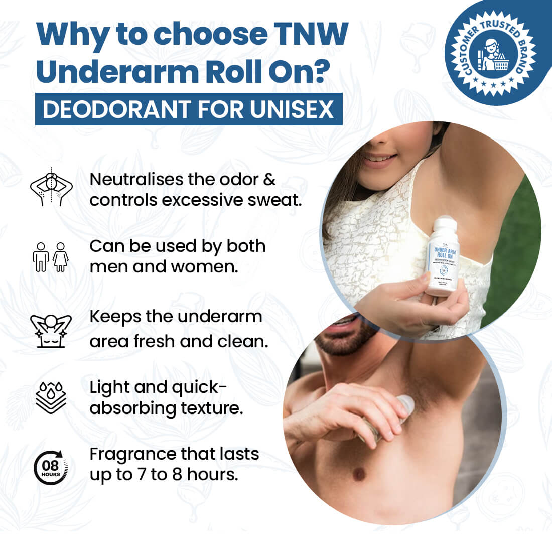 Advertisement for TNW Underarm Roll On deodorant with text and images of a person using it.