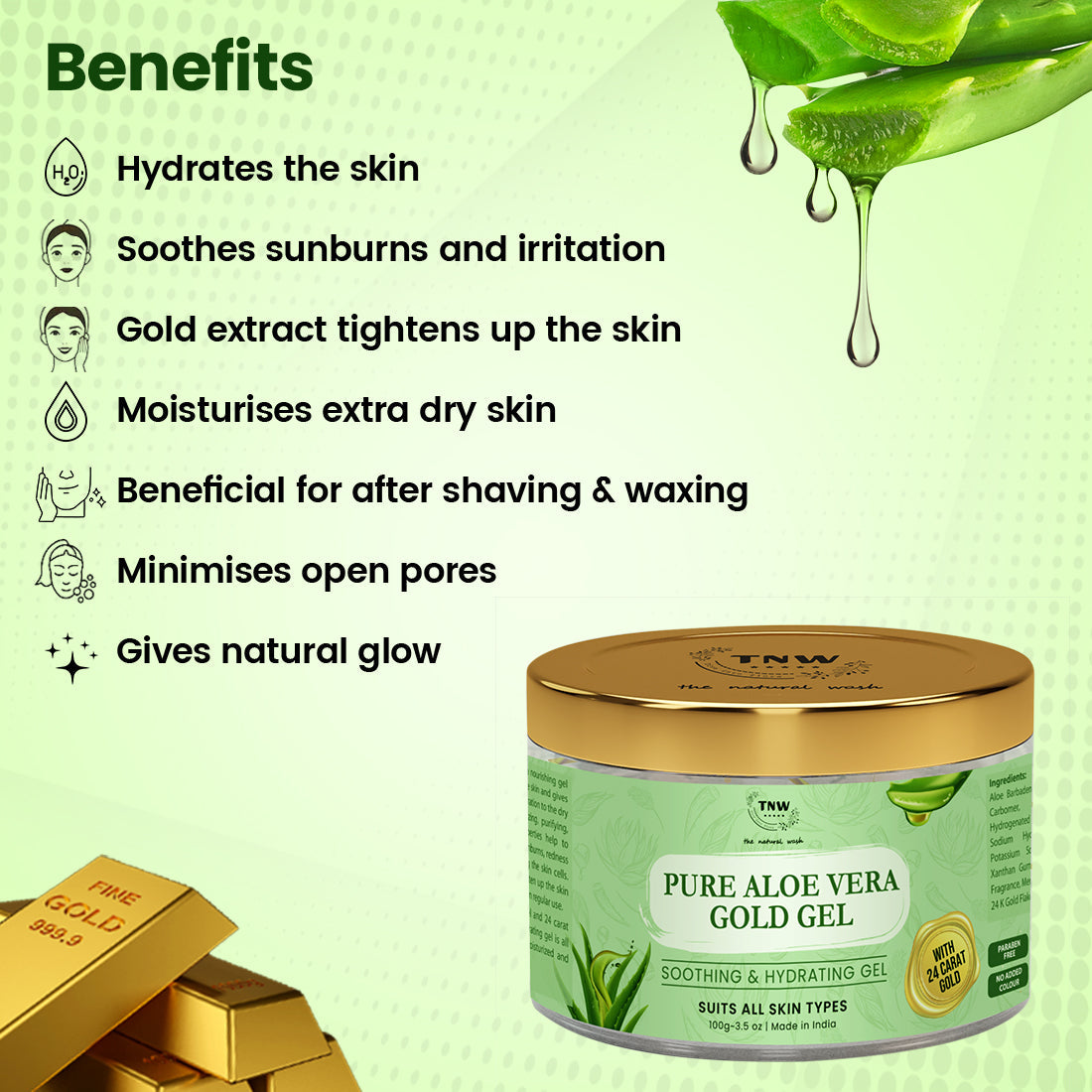 Pure Aloe Vera Gold Gel (With 90% Aloe Vera & 24 Carat Gold Leaves).