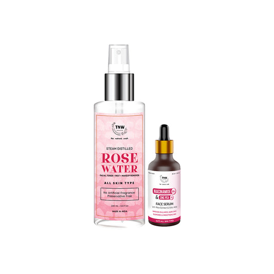 Combo of 2 - Steam Distilled Pure Rose Water 200ml + 10% Niacinamide + 1% Zinc PCA serum (30ml)