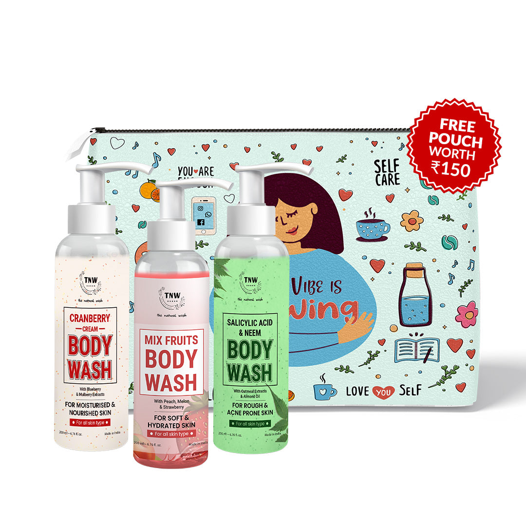 Body Wash Trio (Neem and Salicylic Acid, Mixed Fruit, Cranberry Cream + Free Pouch)
