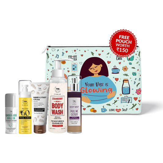 Complete Body Care Kit(Underarm Roll On, SPF 60 Body Lotion, Hand & Foot cream, Cranberry cream body wash, body mist Pull me Closer + Get a FREE Pouch)