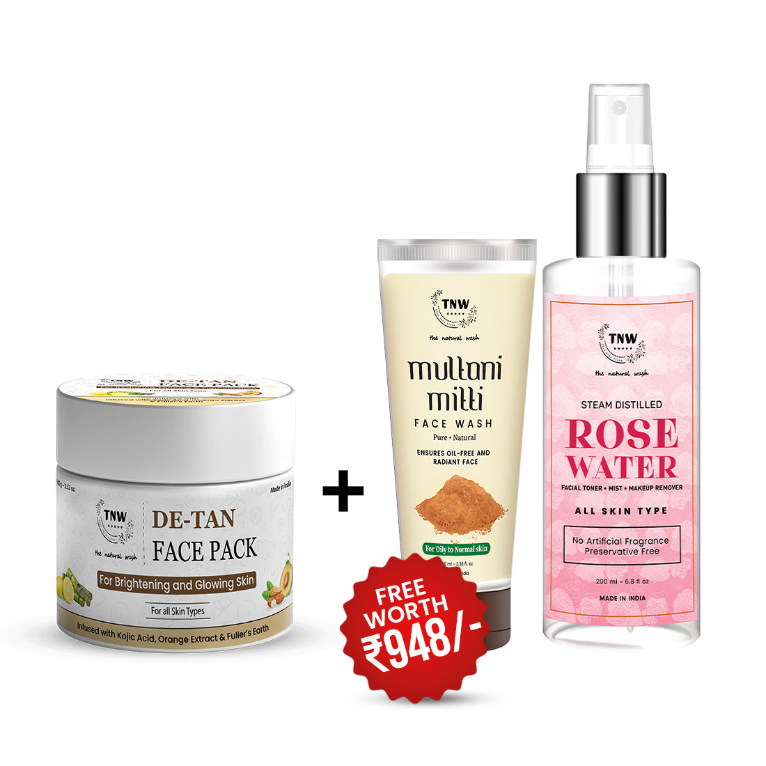 BUY DETAN FACE PACK 100GM, GET ROSE WATER TONER 200ML + MULTANI MITTI FACEWASH FREE