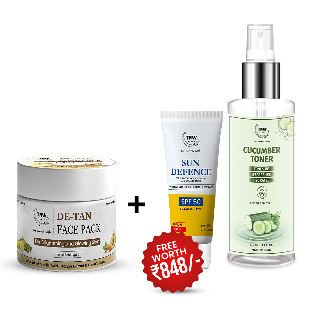BUY DE-TAN FACE PACK 100GM, GET SPF 50 CREAM + CUCUMBER TONER FREE