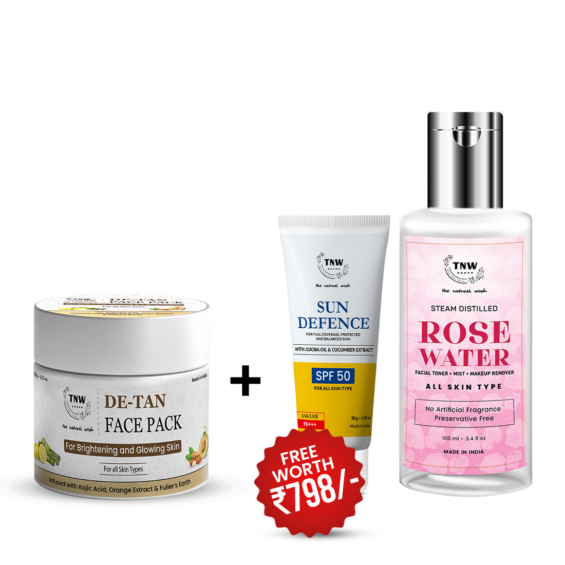 BUY DE-TAN FACE PACK 100GM, GET SPF 50 CREAM + ROSE WATER TONER 100ML FREE