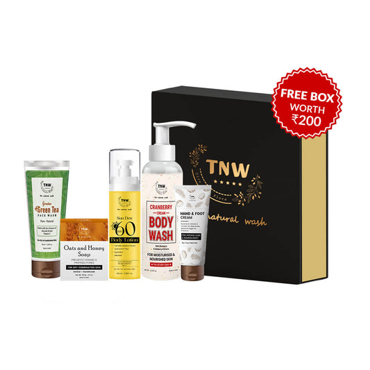 Dry Skin Essential Hamper (Green Tea face wash, Oats & Honey soap, SPF 60 Body Lotion, Cranberry Cream Body wash, Hand & foot cream + Get a FREE Box)