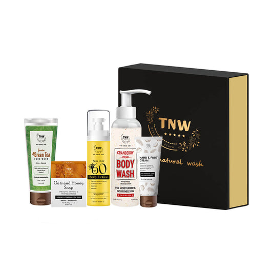 Dry Skin Essential Hamper (Green Tea face wash, Oats & Honey soap, SPF 60 Body Lotion, Cranberry Cream Body wash, Hand & foot cream + Get a FREE Box)