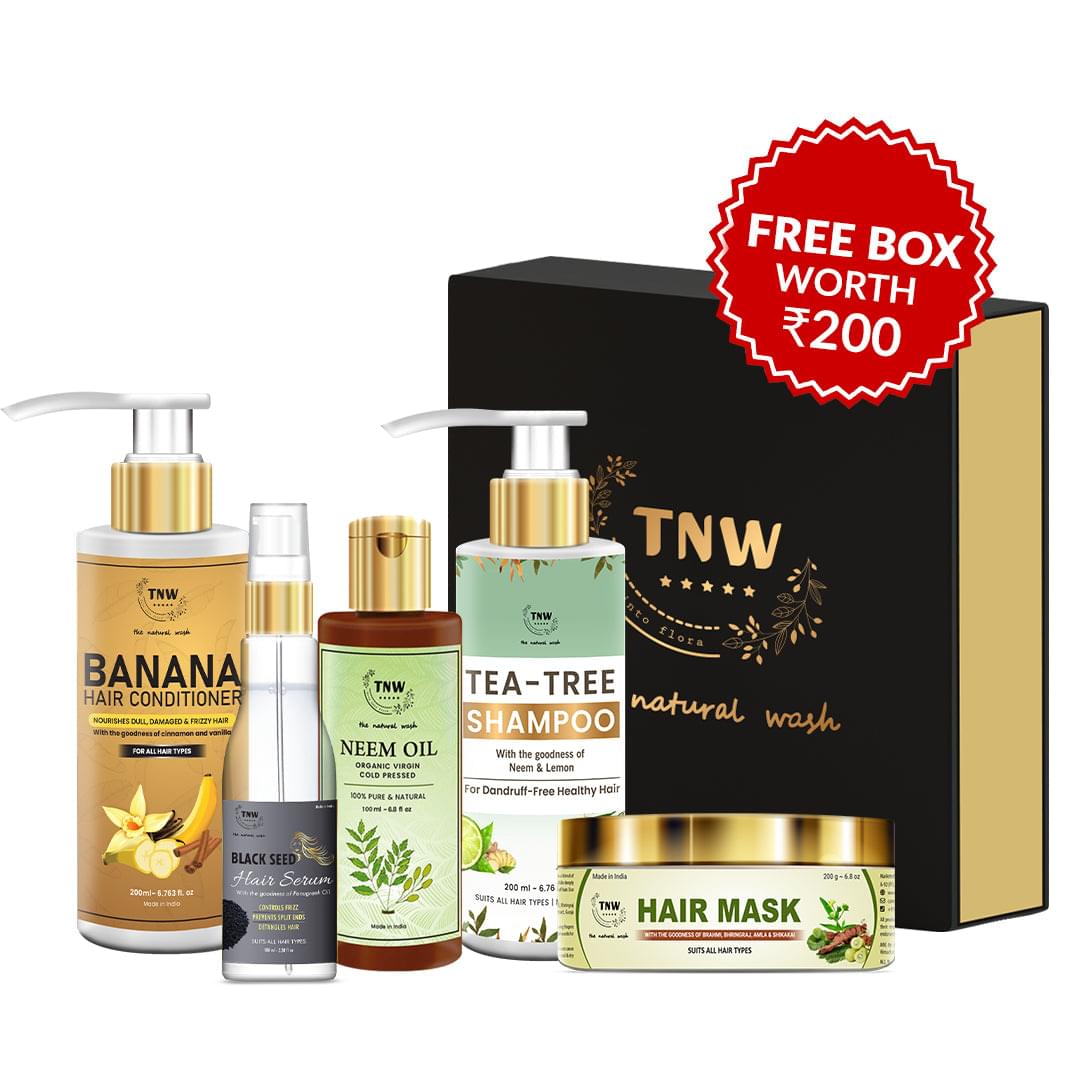 Anti-Dandruff Hair Hamper( Banana Hair Conditioner, Black Seed hair serum, Neem Oil, Tea Tree shampoo, Hair mask + Get a FREE Gift Box)