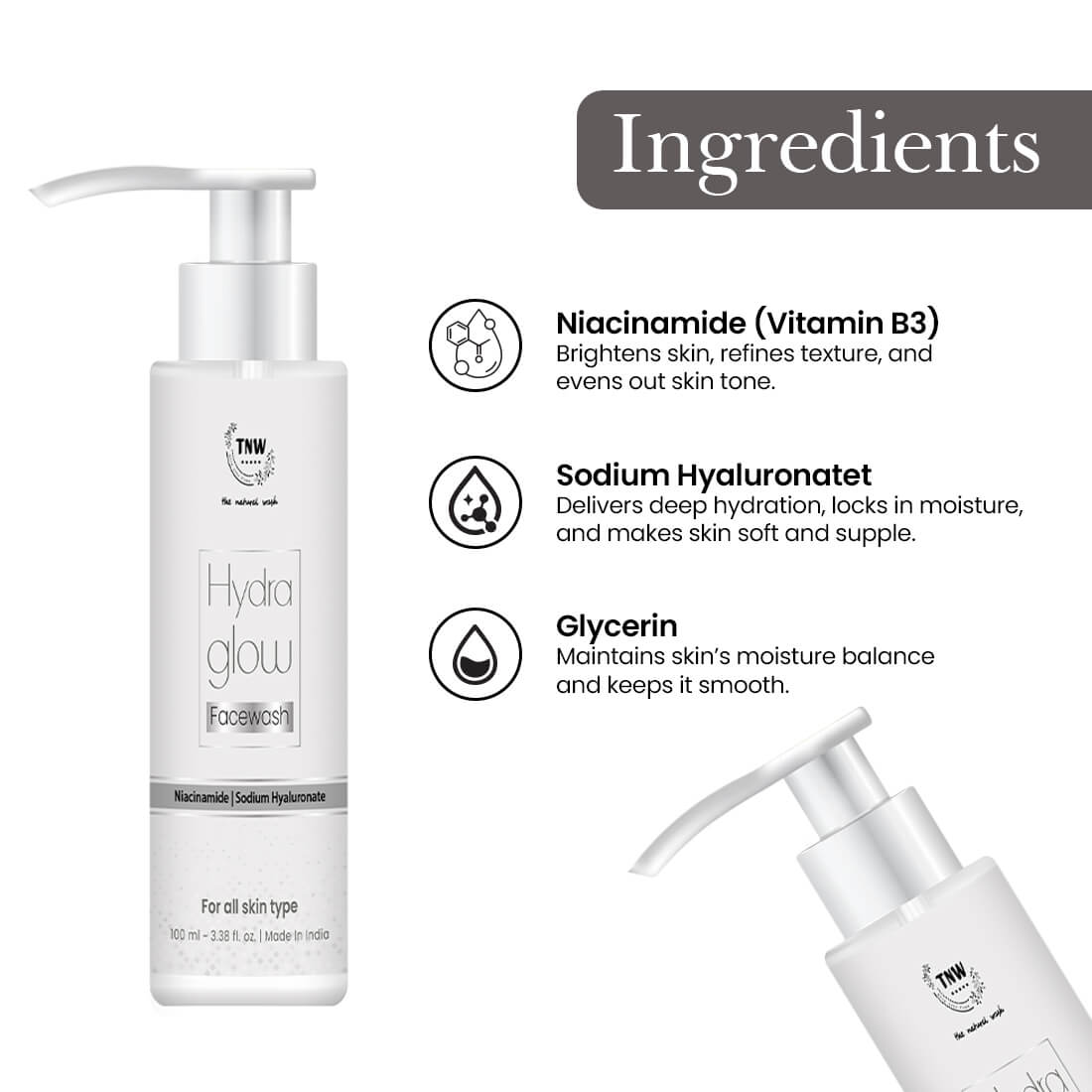 Hydra Glow skincare product with listed ingredients on a white background

