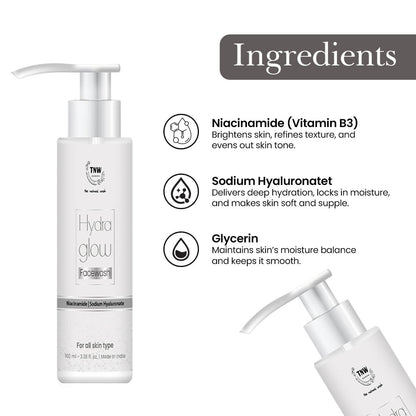 Hydra Glow skincare product with listed ingredients on a white background

