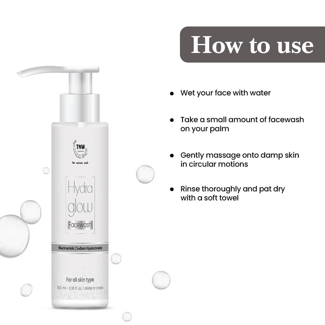 Hydra Glow face wash bottle with usage instructions on a white background