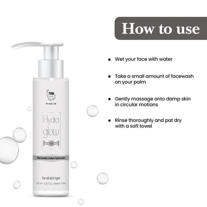 Hydra Glow face wash bottle with usage instructions on a white background