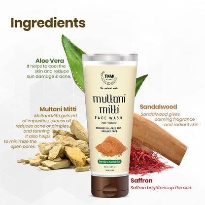Multani Mitti face wash with ingredients like Aloe Vera, Sandalwood, and Saffron on a white background