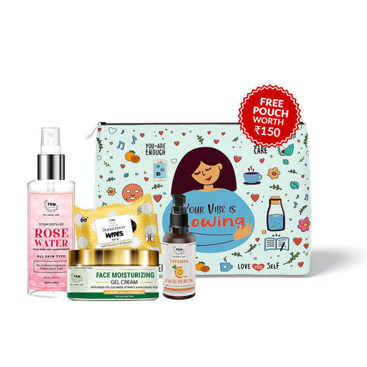 Make Up Removal Kit (Vitamin C Face Serum, Rose water, Face Moisturizing gel cream, SPF Wipes + Get a FREE Pouch)
