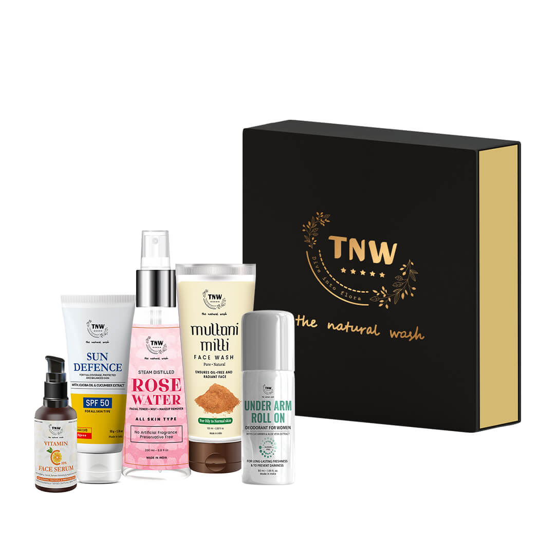 Morning Skin Care Hamper (Vitamin C face Serum, Multani Mitti face wash, Sun defence SPF50, Rose water, Under arm roll on + Get a Free box)