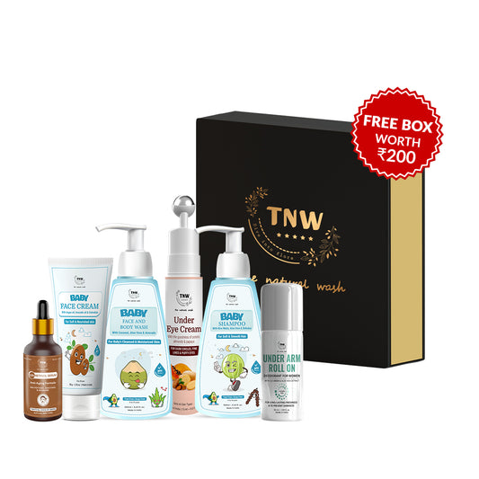 Mother & Baby Care Hamper (Baby face cream, Under eye cream, Under Arm Roll On- 50ml (Women), baby shampoo, baby face and body wash, 0.5% Retinol Serum- Anti-Ageing Formula + Get a Free gift box)