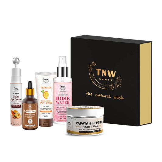 Night Skincare Hamper (Under Eye cream, 0.5% Retinol Serum, Vitamin-C Exfloating face wash, Rose water, Papaya & Peptide night cream + Get a FREE gift box)