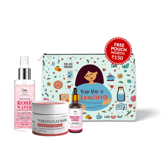 Pore-Minimizing Kit (10% Niacinamide + 1% Zinc PCA serum (30ml), Rose water, Tomato clay mask + Get a FREE Pouch)