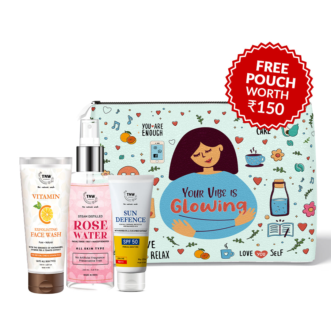 CTM Kit For Combination Skin (Vitamin C face Wash, Rose water, Sun Defence SPF50 + FREE Pouch)